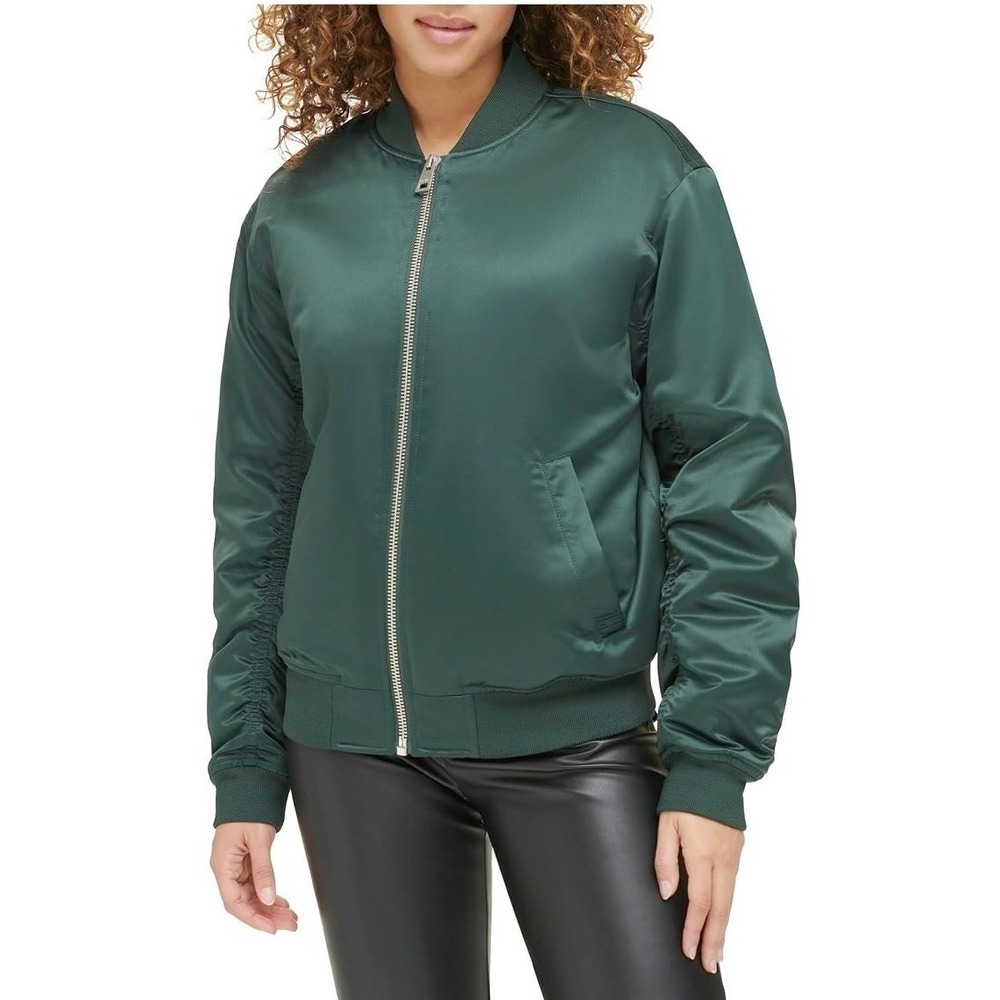 Levi's Womens Small Green Ruched Relaxed Full-Zip Satin Streetwear Bomber Jacket